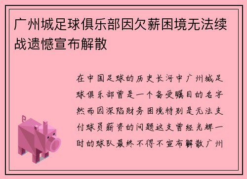广州城足球俱乐部因欠薪困境无法续战遗憾宣布解散 广州城足球俱乐部因欠薪困境无法续战遗憾宣布解散